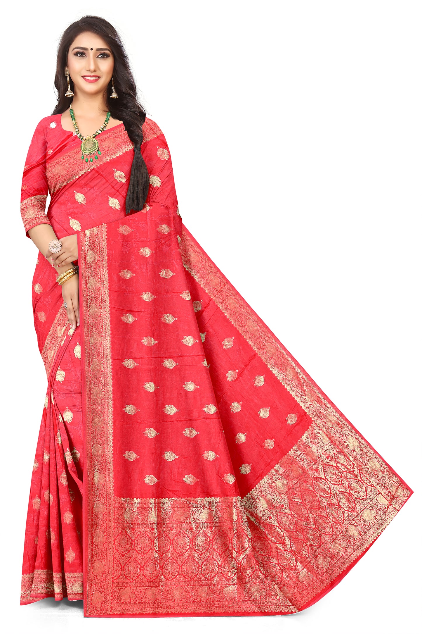 Premium Woven Red Viscose Satin Jacquard Silk Saree with Designer Pallu