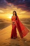 Premium Woven Red Viscose Satin Jacquard Silk Saree with Designer Pallu