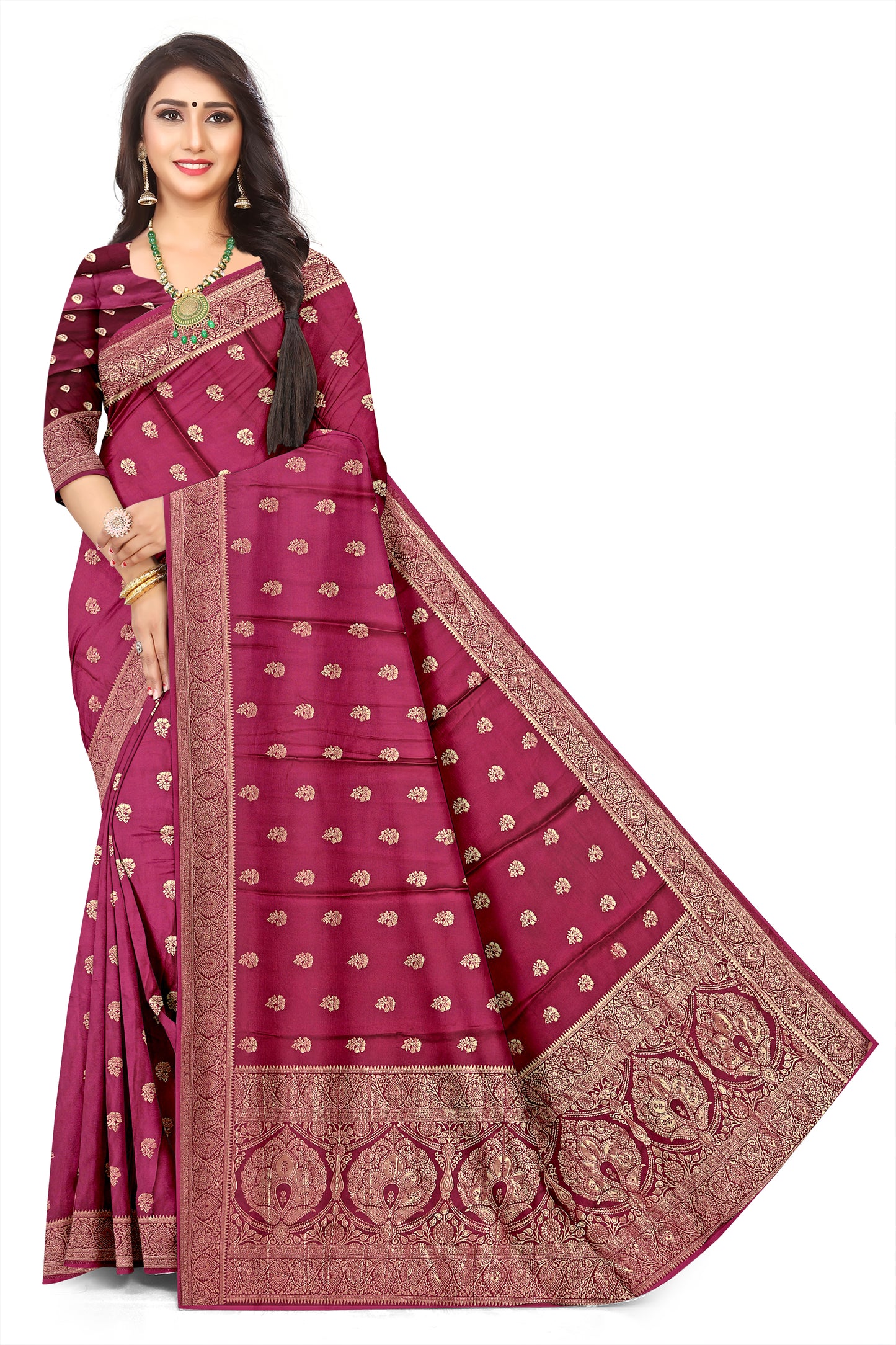 Designer Flower Wine Colour Viscose Bamboo Satin Motif Jacquard Saree
