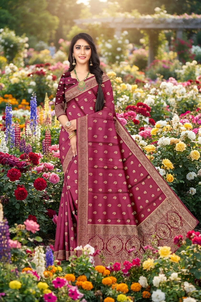 Designer Flower Wine Colour Viscose Bamboo Satin Motif Jacquard Saree