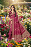 Designer Flower Wine Colour Viscose Bamboo Satin Motif Jacquard Saree