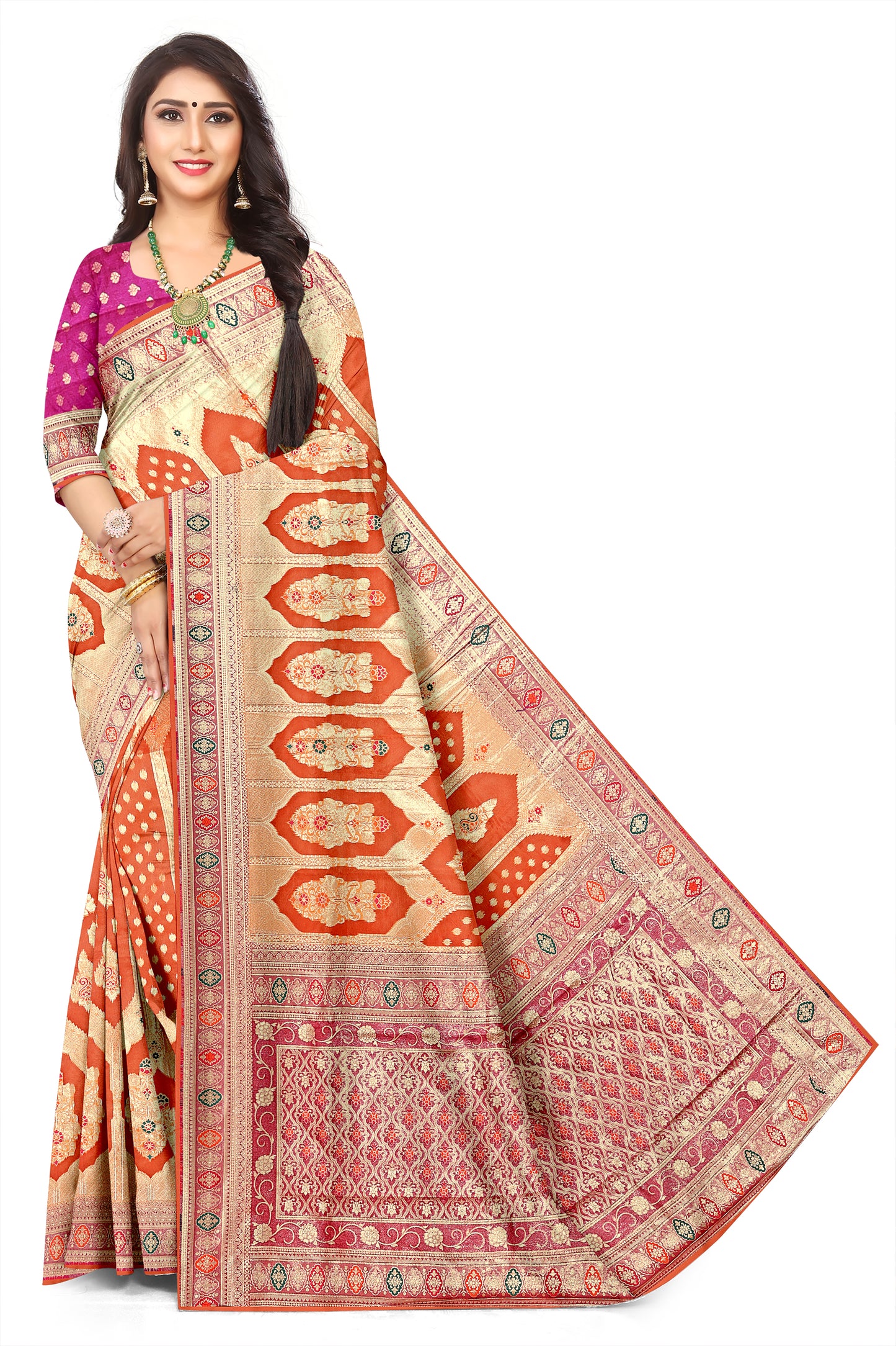Contemporary Woven Organza with Meenakari work Jacquard Party Wear Saree