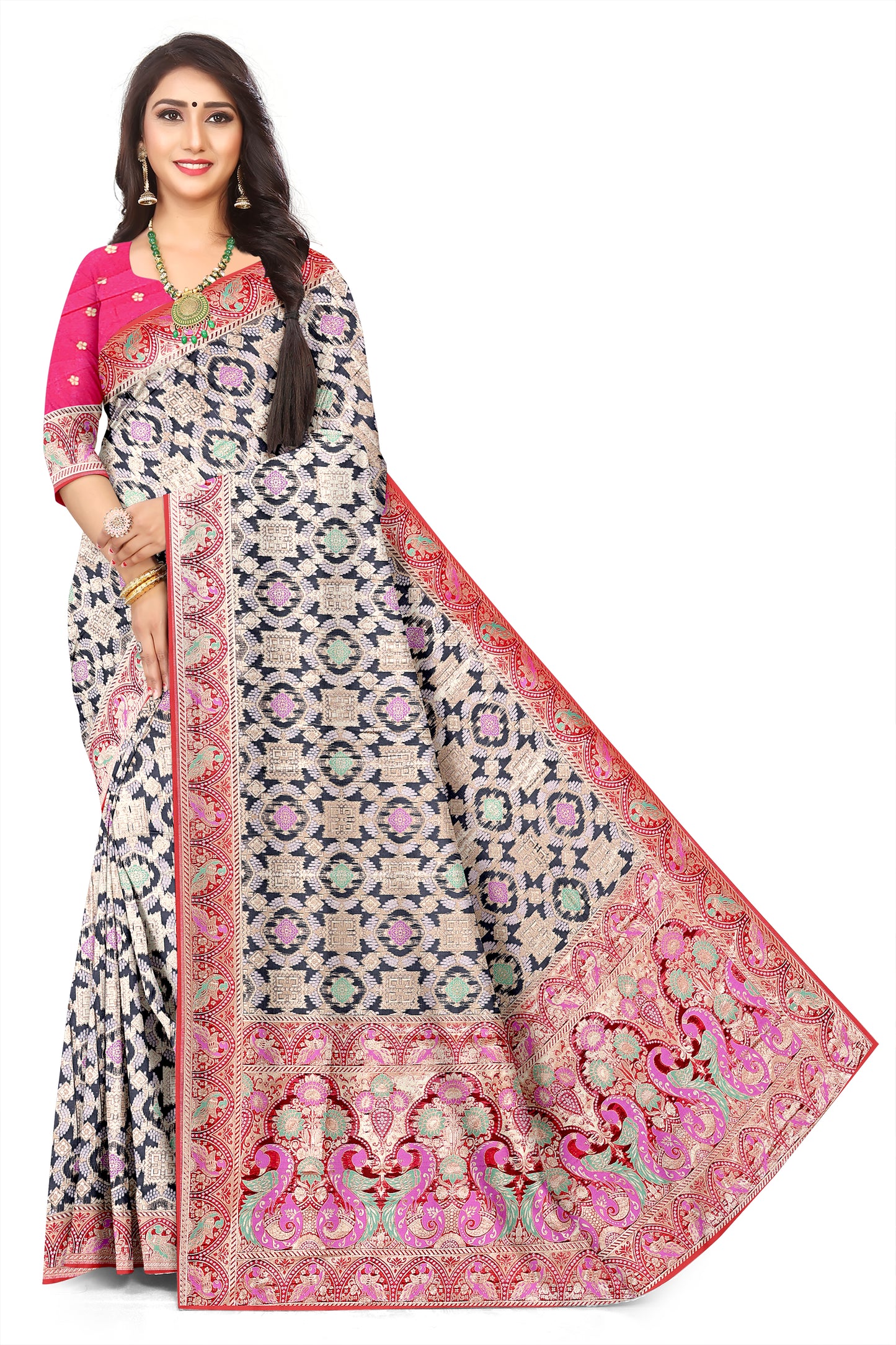 Luxury Organza Bandhani with Grey Colour Jacquard Saree