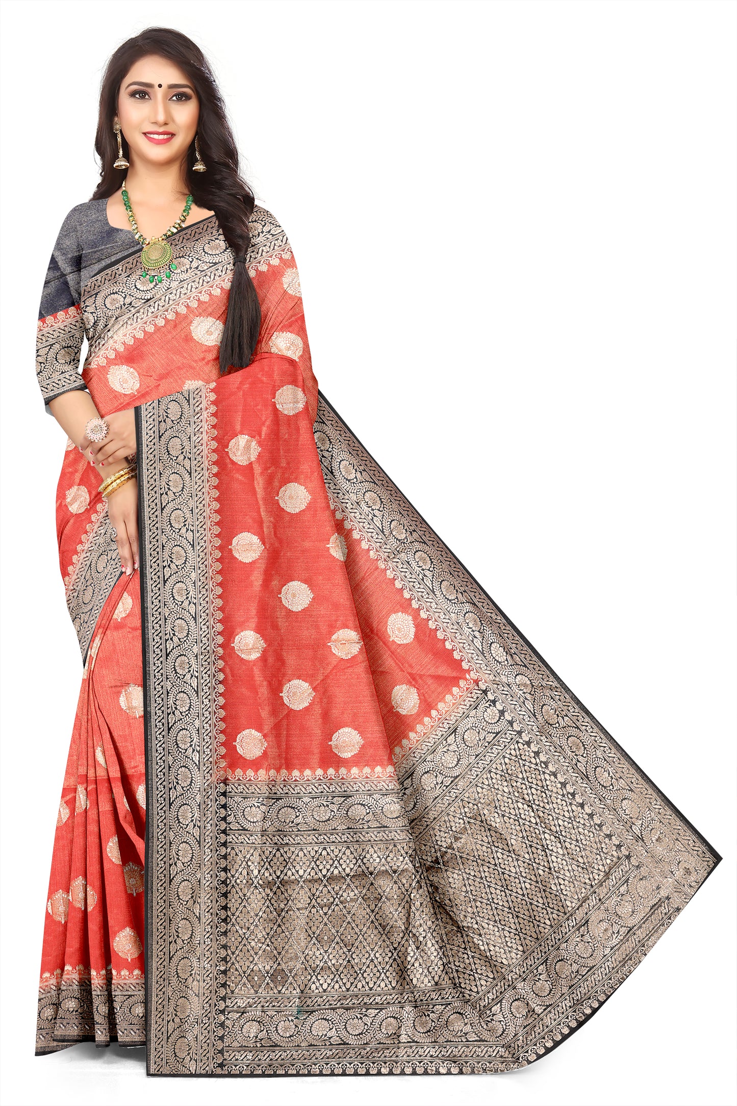 Royal Tissue Red with Navy Blue Viscose Jacquard Saree with Rich Pallu & Woven Border