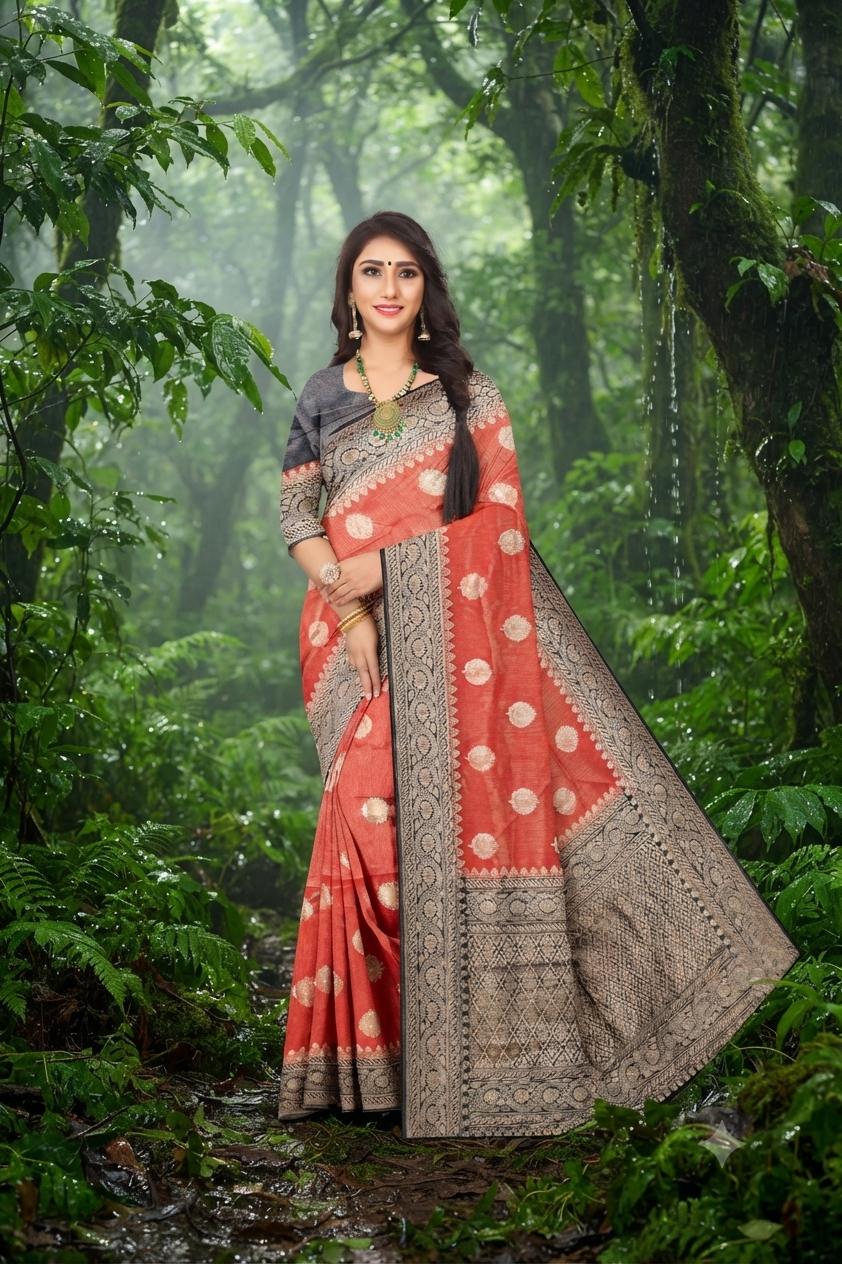 Royal Tissue Red with Navy Blue Viscose Jacquard Saree with Rich Pallu & Woven Border