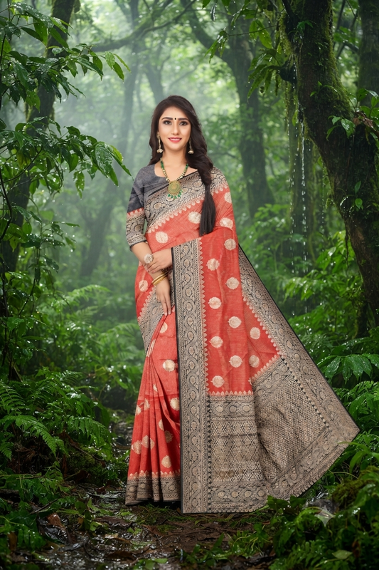 Royal Tissue Red with Navy Blue Viscose Jacquard Saree with Rich Pallu & Woven Border