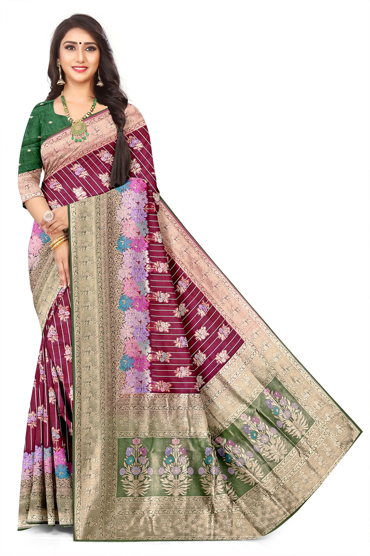 Luxury Organza Wine+Green Jacquard Saree with Designer Rich Pallu