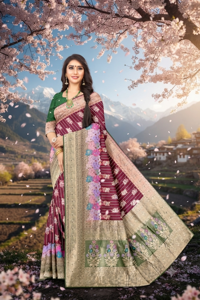 Luxury Organza Wine+Green Jacquard Saree with Designer Rich Pallu