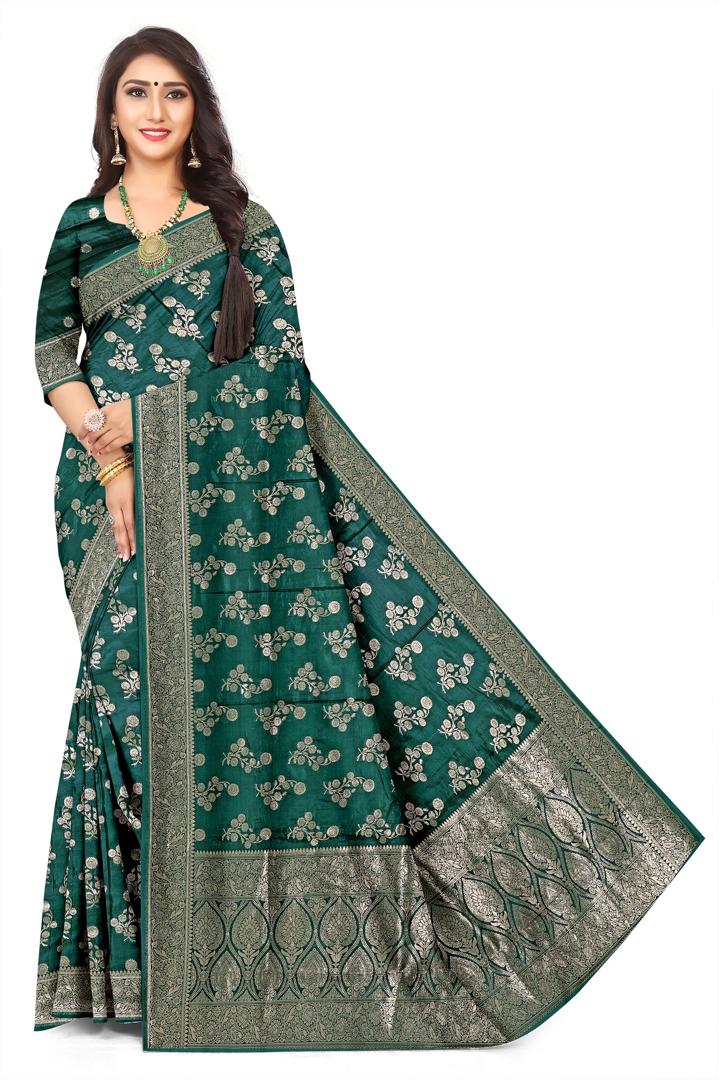 Luxury Dark Green Viscose Satin Jacquard Saree for Women