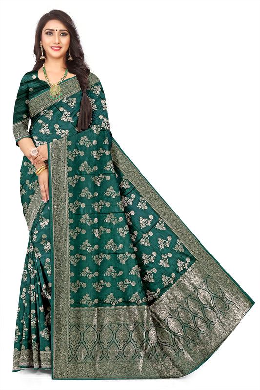 Luxury Dark Green Viscose Satin Jacquard Saree for Women