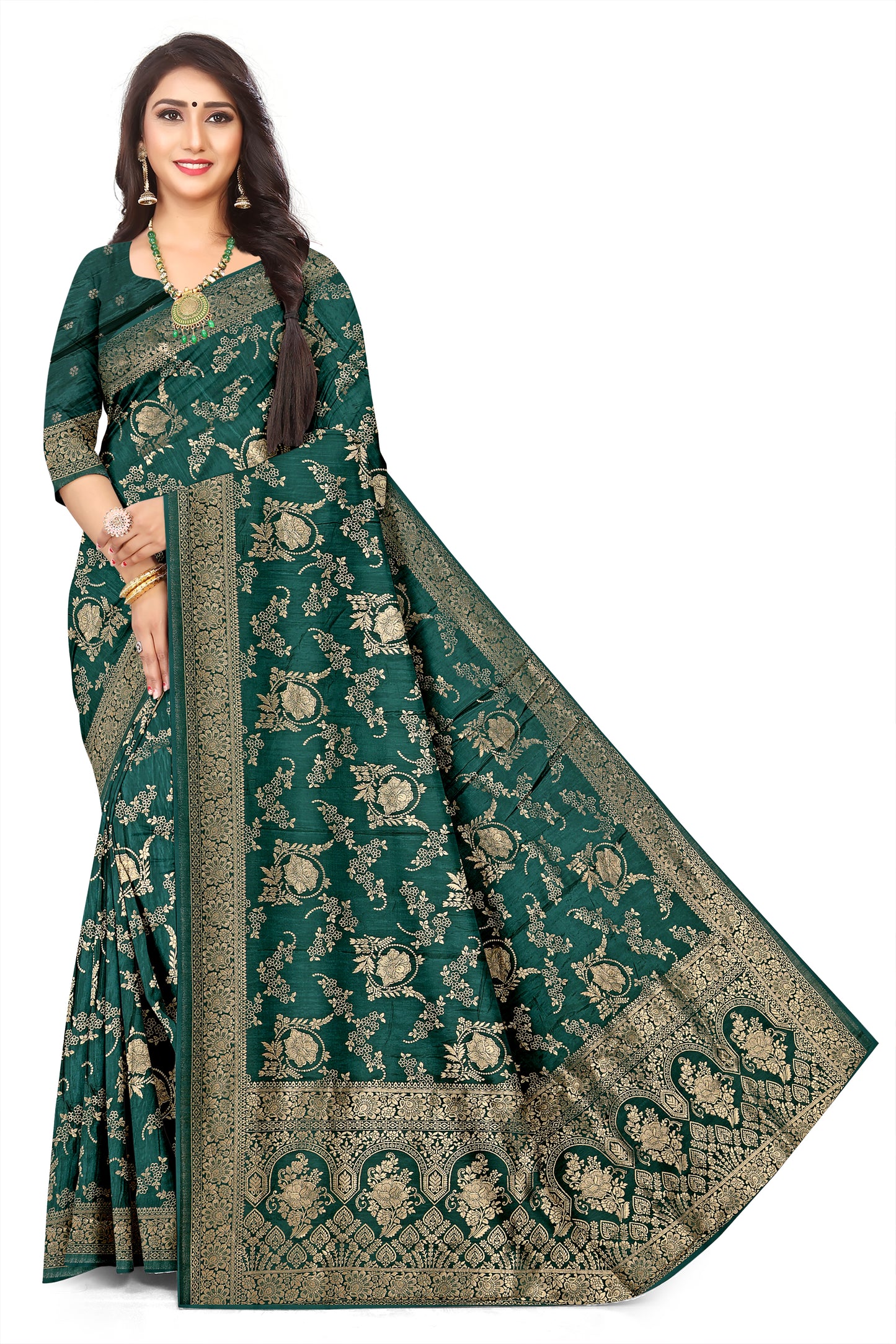 Emerald Dark Green Viscose Jacquard Saree – Traditional Handloom Style Saree