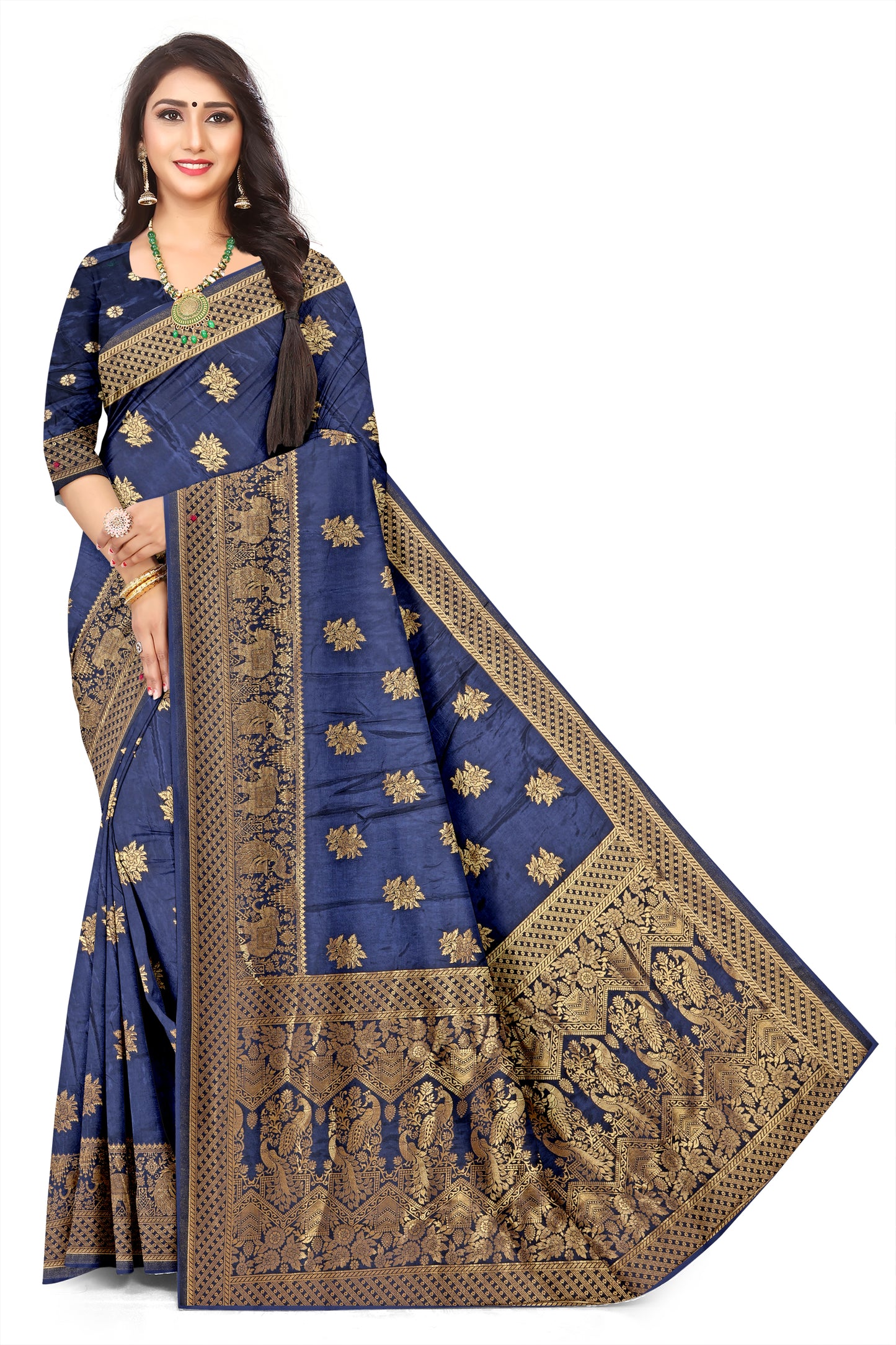 Deep Navy Viscose Jacquard Saree with Rich Woven Pattern