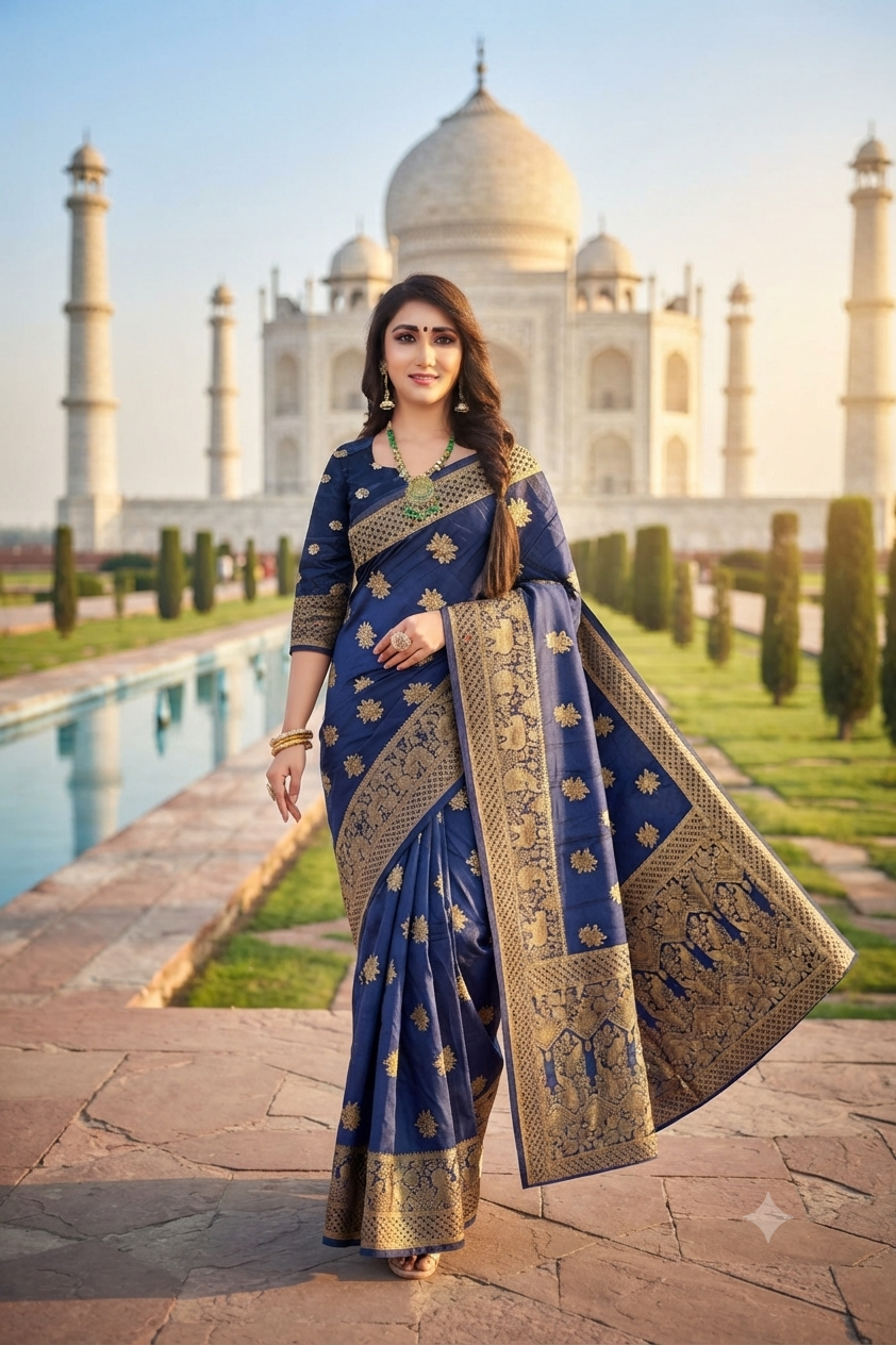 Deep Navy Viscose Jacquard Saree with Rich Woven Pattern