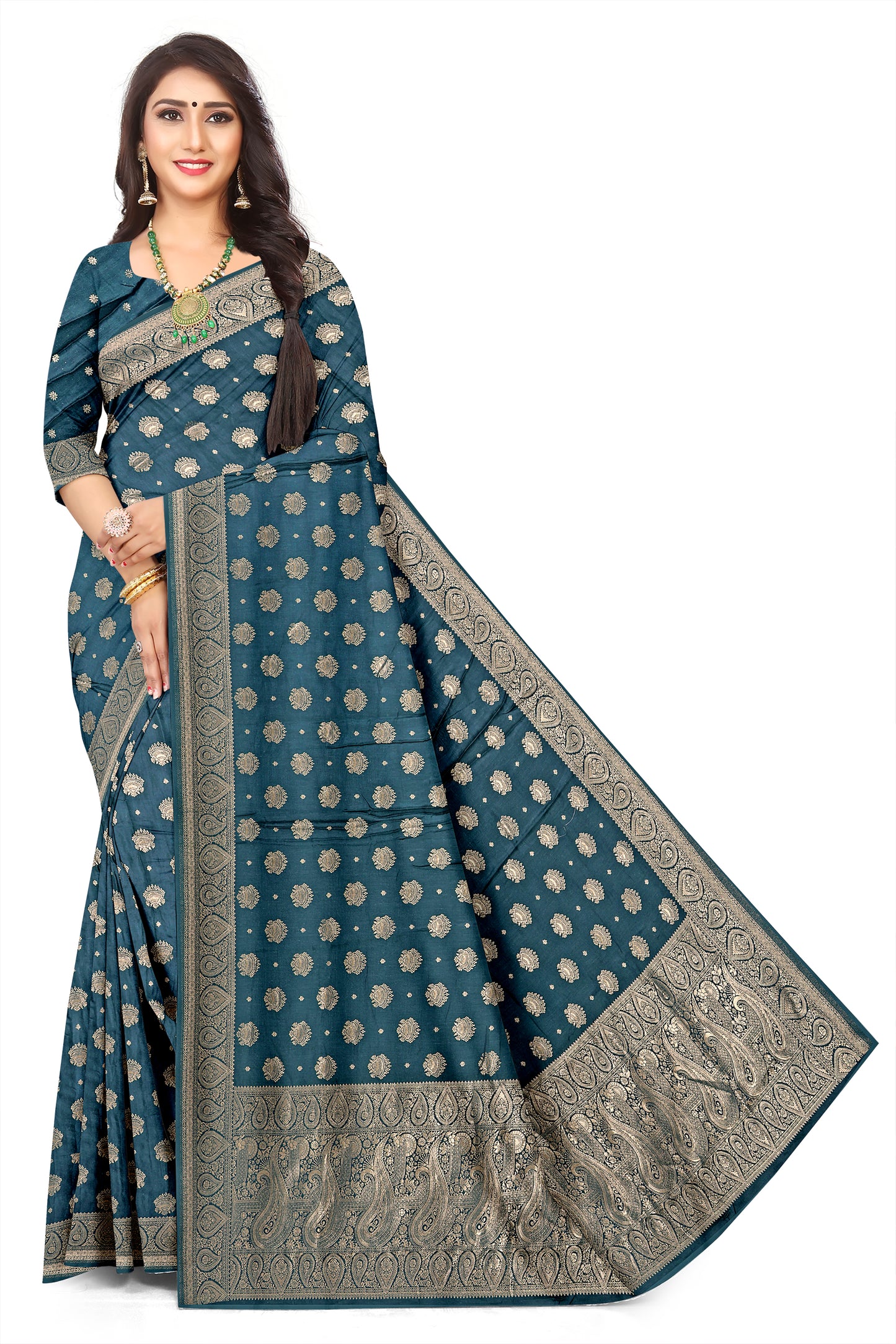 Dark Blue Viscose Satin Saree – Office & Casual Wear