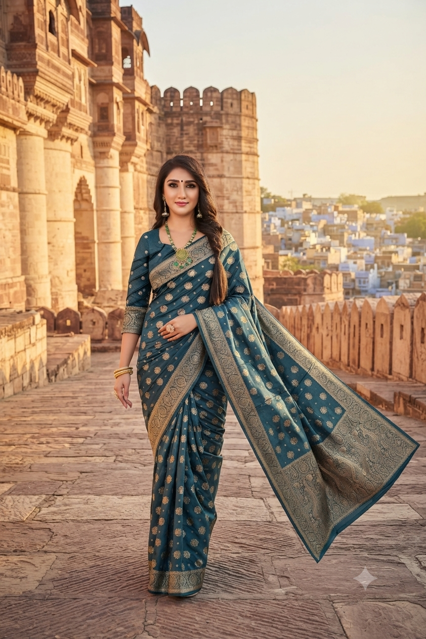 Dark Blue Viscose Satin Saree – Office & Casual Wear