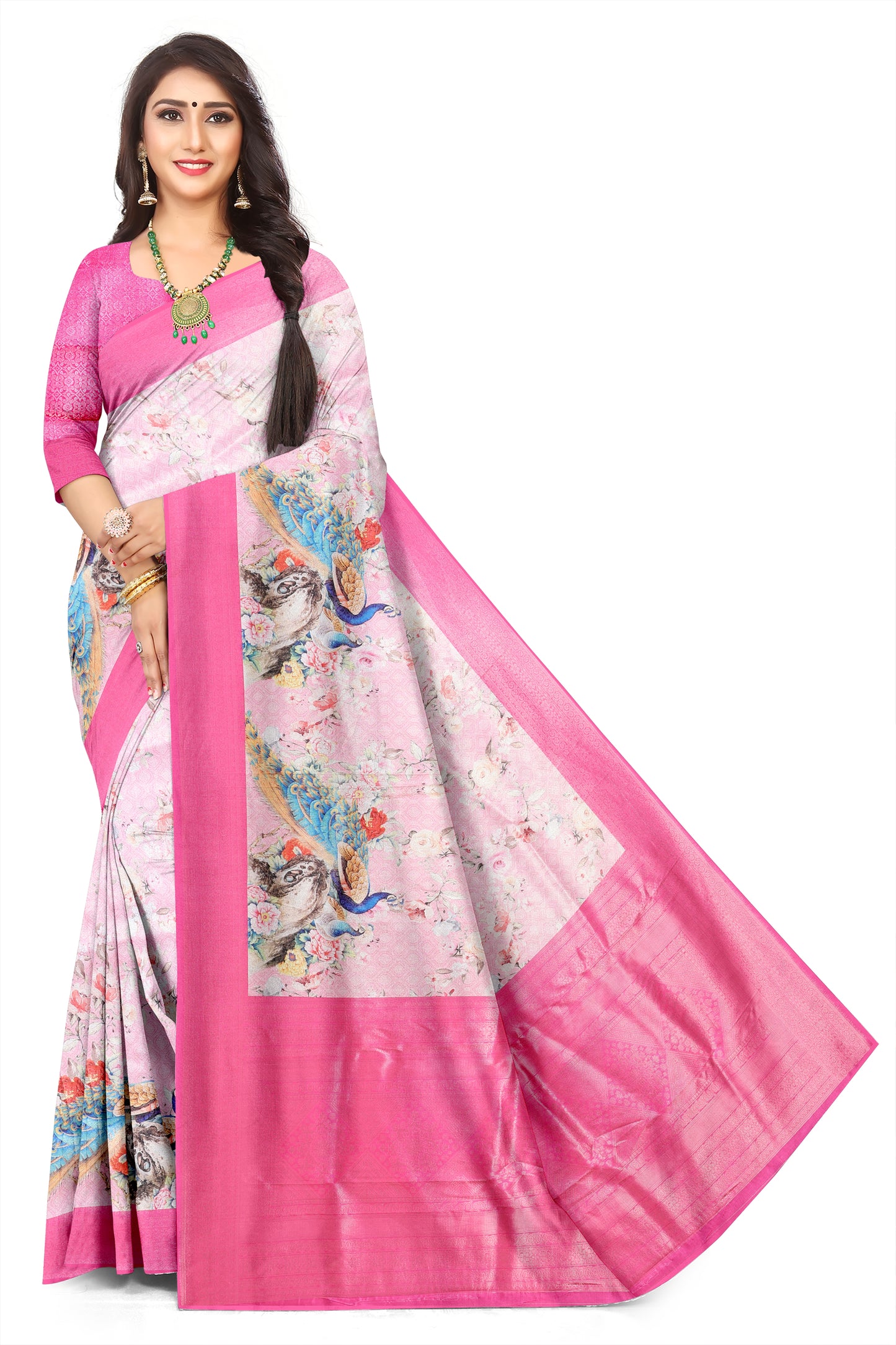 Women's Premium Peacock Digital Print Jacquard Saree | Ethnic Wear