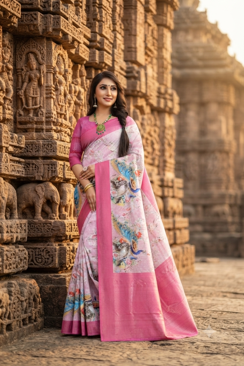 Women's Premium Peacock Digital Print Jacquard Saree | Ethnic Wear