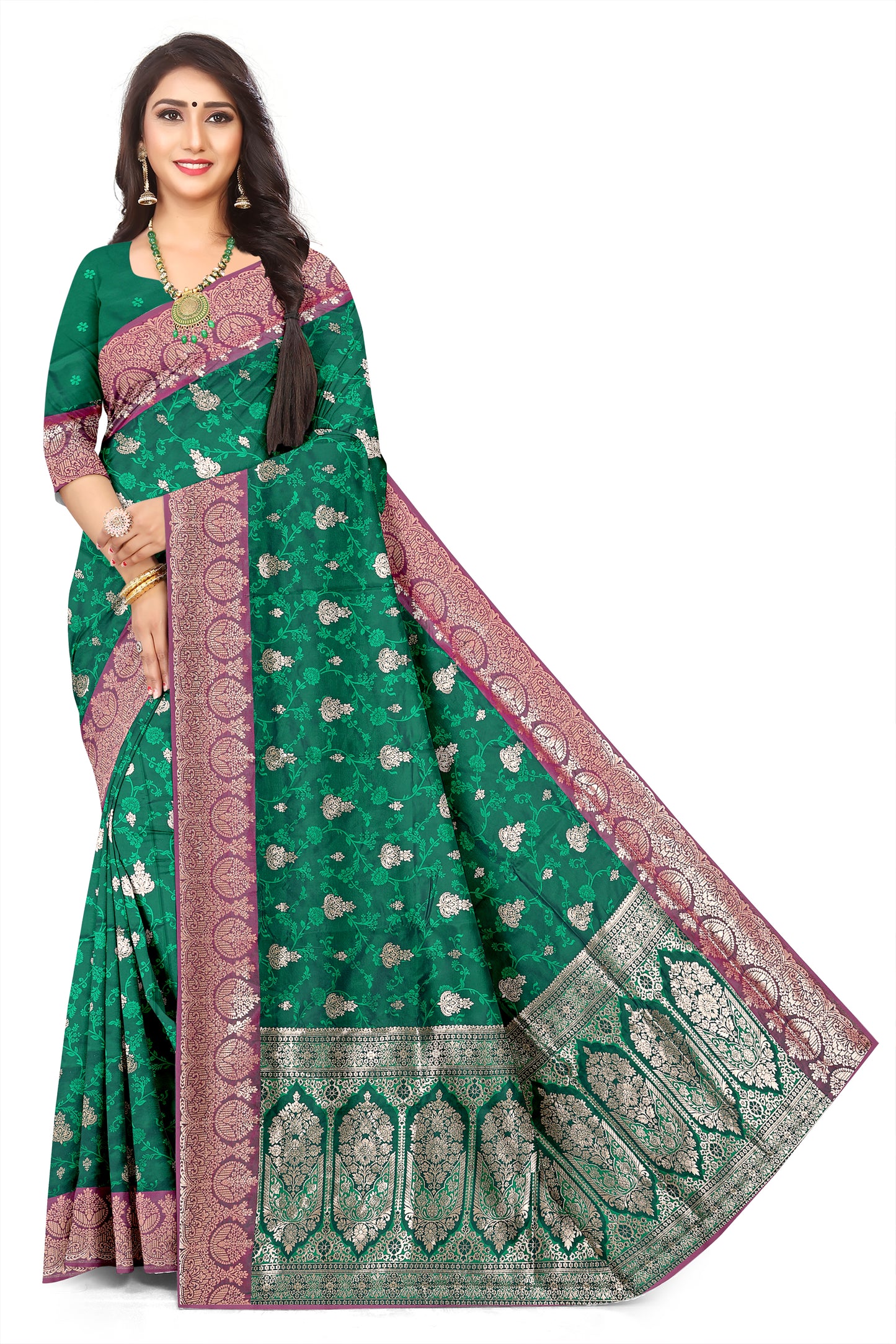 Rich Pattern Woven Paisley Dark Green with jaal Jacquard Silk Saree