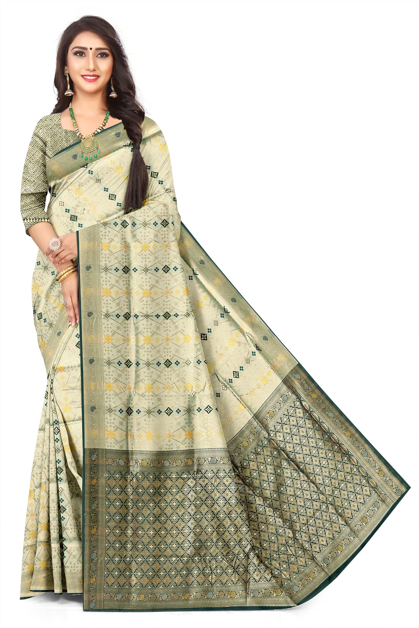 Rich Woven Pista Dark Green Banarasi Silk Saree