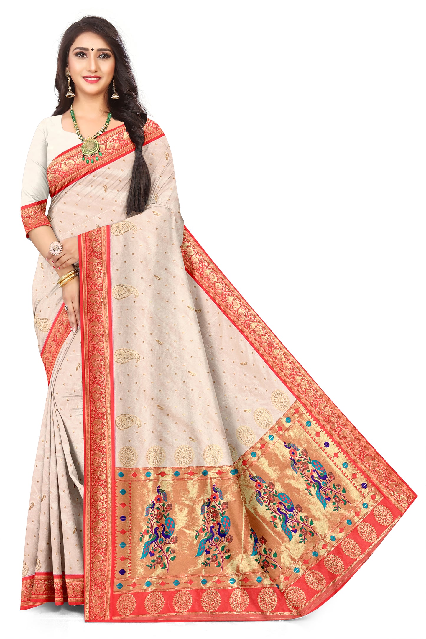 Peacock Cream Paithani Jacquard Silk Saree with Zari Woven Border & Pallu