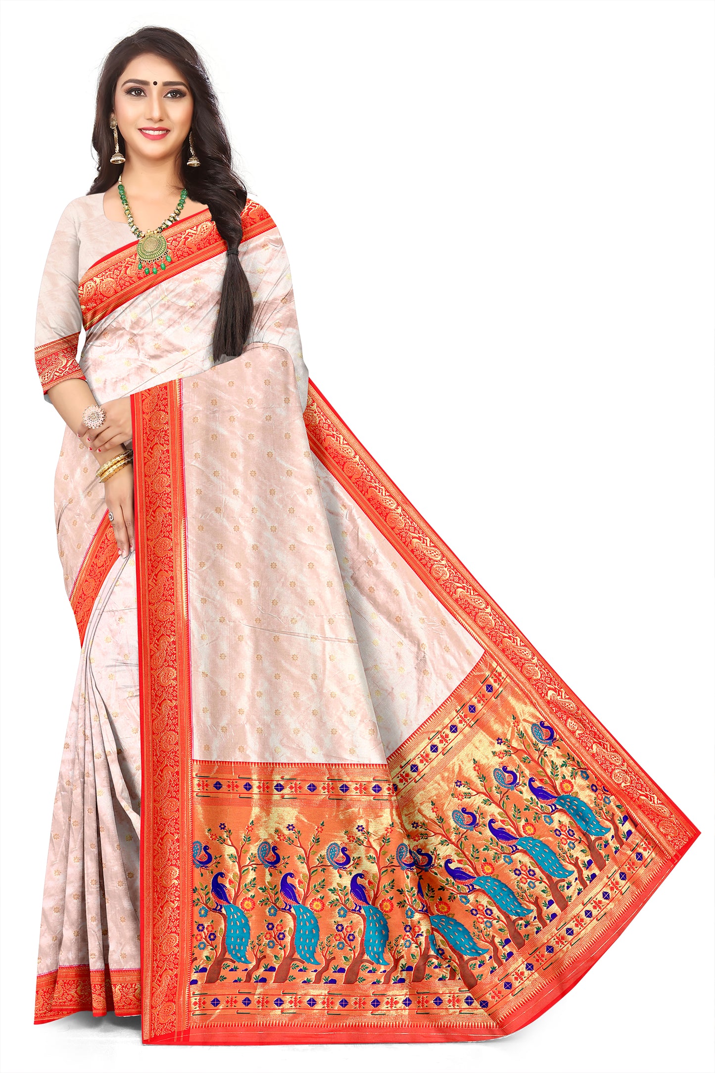Traditional  Paithani Jacquard Saree – Peacock & Lotus Motif Zari Weave
