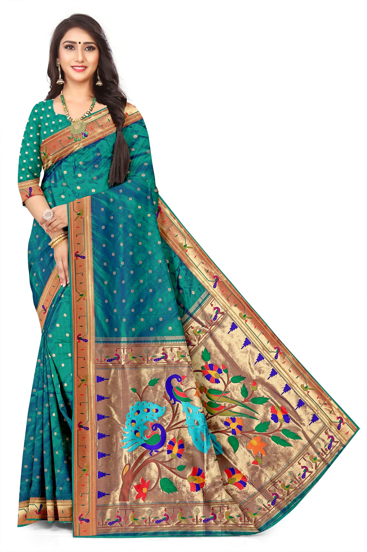 Morpitchh Silk  Paithani Jacquard Saree with Contrast Pallu & Zari Border