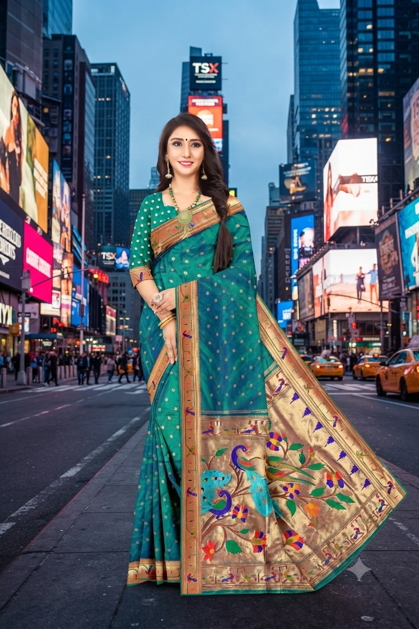 Morpitchh Silk  Paithani Jacquard Saree with Contrast Pallu & Zari Border